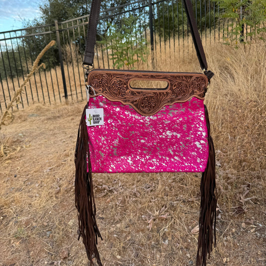 Western Tooled Leather Cowhide Purse With Pink & Silver Specs