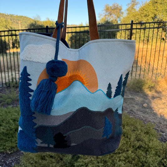 Large Woven Mountain Scene Tote Handbag